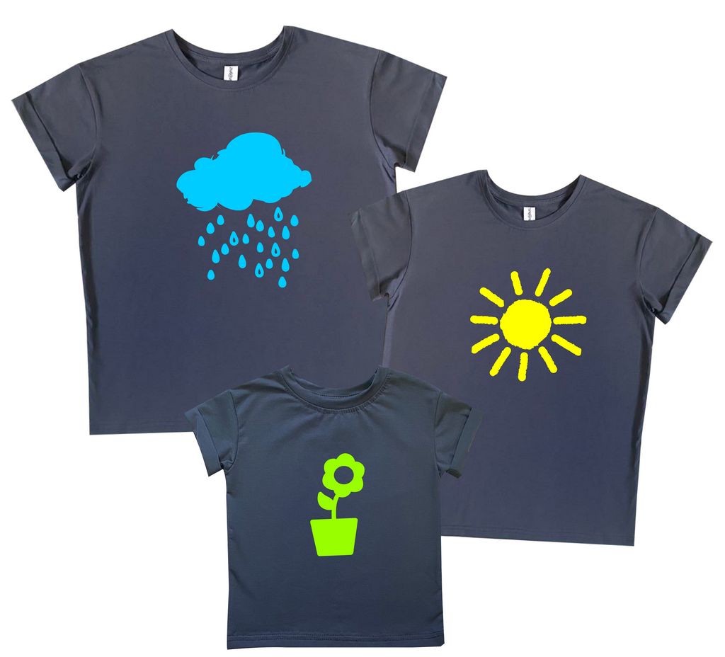 Комплект семейных футболок  "Дождь, солнце и цветочек" от магазина Спиногрыз