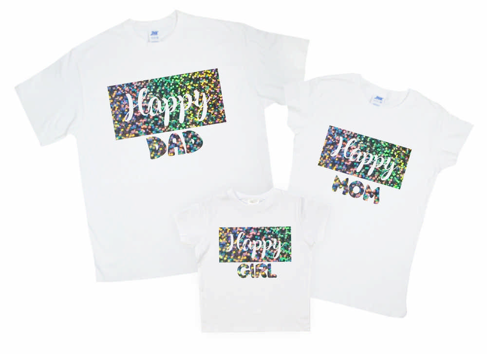 Семейный комплект футболок "Happy dad happy mum happy girl" от магазина Спиногрыз