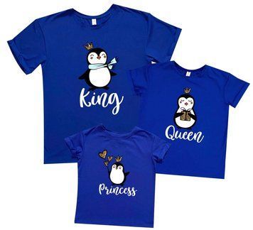 Комплект семейных футболок "King Queen пингвины в короне" 86613 фото